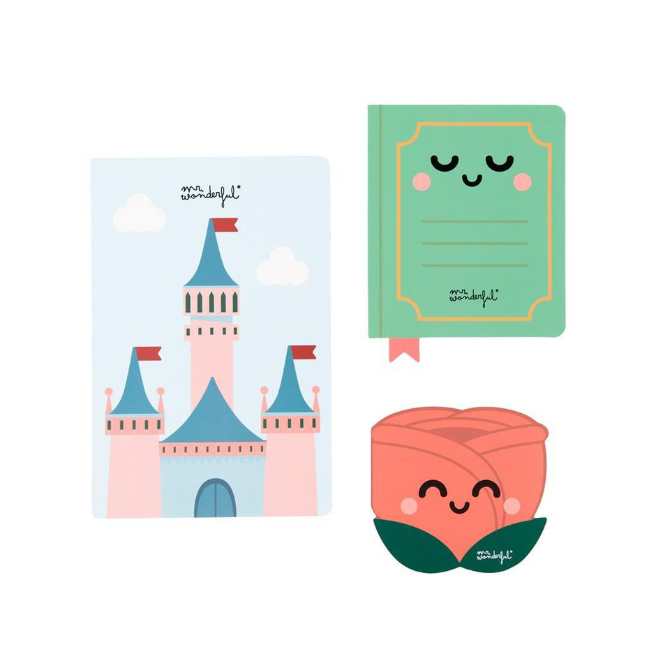 Conjunto 3 Cadernos bloco de notas com Aroma - Castelo, Livro e Rosa Mr. Wonderful