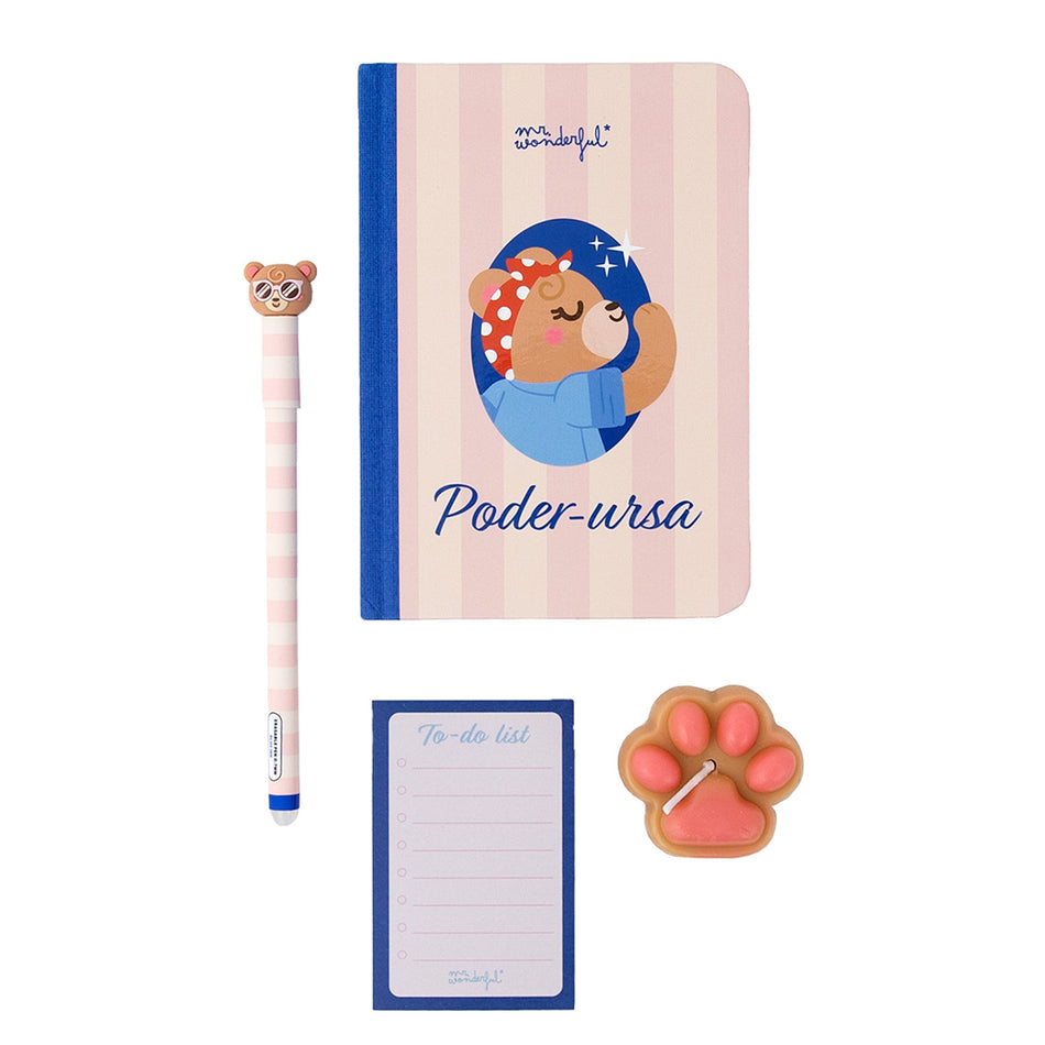 Conjunto Caderno A6 + Porta cartões + Esferográfica apagável Bo-bo Mae Ursa - Mr. Wonderful