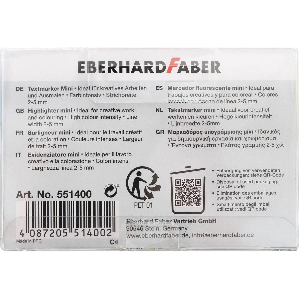 Verso da embalagem dos mini sublinhadores glitter Néon Eberhard Faber 551400