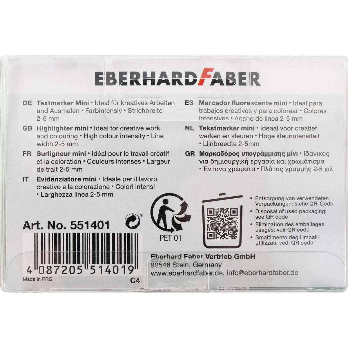 Verso da embalagem dos mini sublinhadores glitter Pastel Eberhard Faber 551401