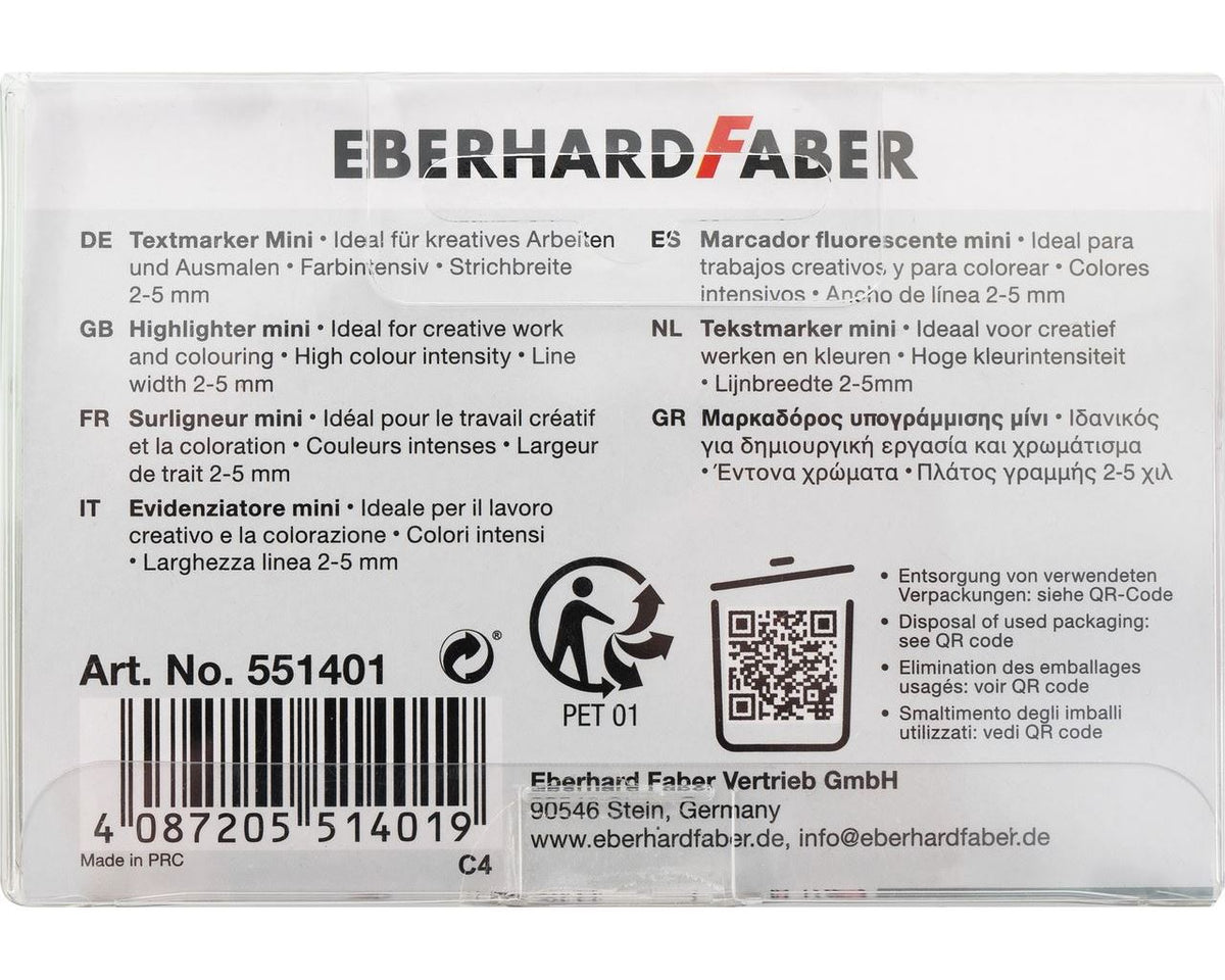 Verso da embalagem dos mini sublinhadores glitter Pastel Eberhard Faber 551401