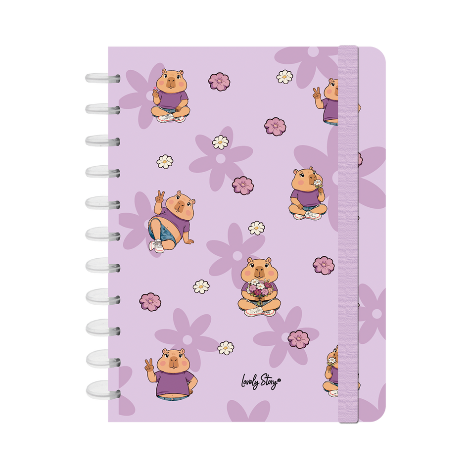 Caderno A4 com sistema de discos 100 folhas quadriculadas 100gr Capivara Flower Lilac