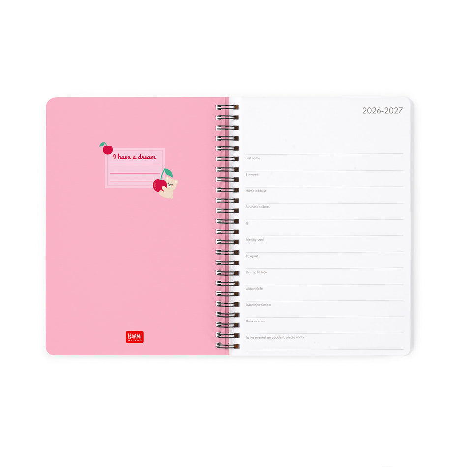 Agenda Legami 16 meses Semanal -Grande Espiral- Urso Cereja Rosa