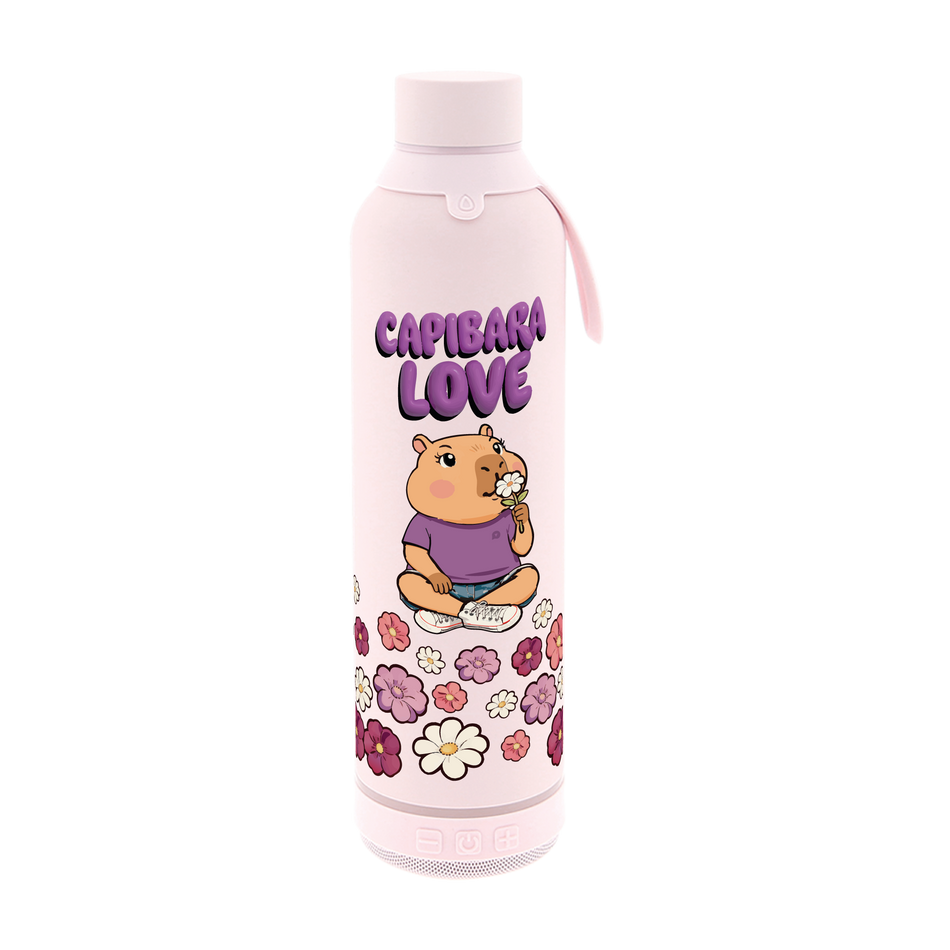 Garrafa térmica 600ML com coluna bluetooth - Rosa - Capivara Love