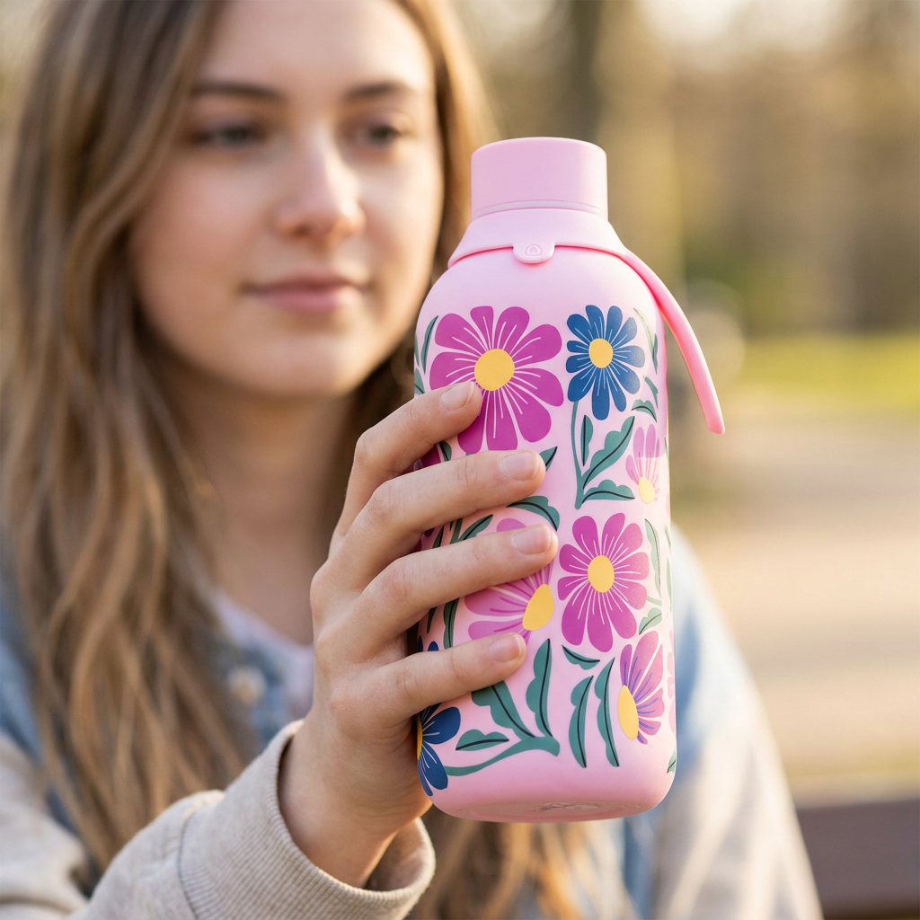 Garrafa térmica com interior cerâmico Áurea – Tropic Bloom – 500 ml · Rosa escuro