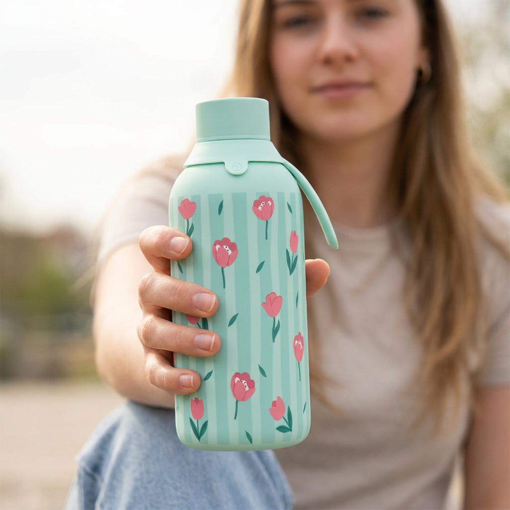 Garrafa térmica com interior cerâmico Áurea – Floral Picnic – 500 ml · Menta