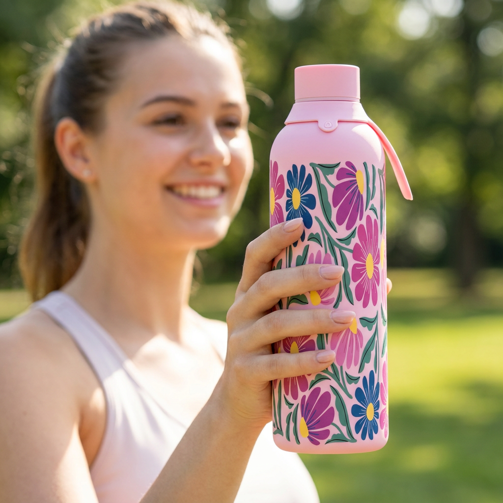 Garrafa térmica com interior cerâmico Áurea – Tropic Bloom – 750 ml · Rosa escuro