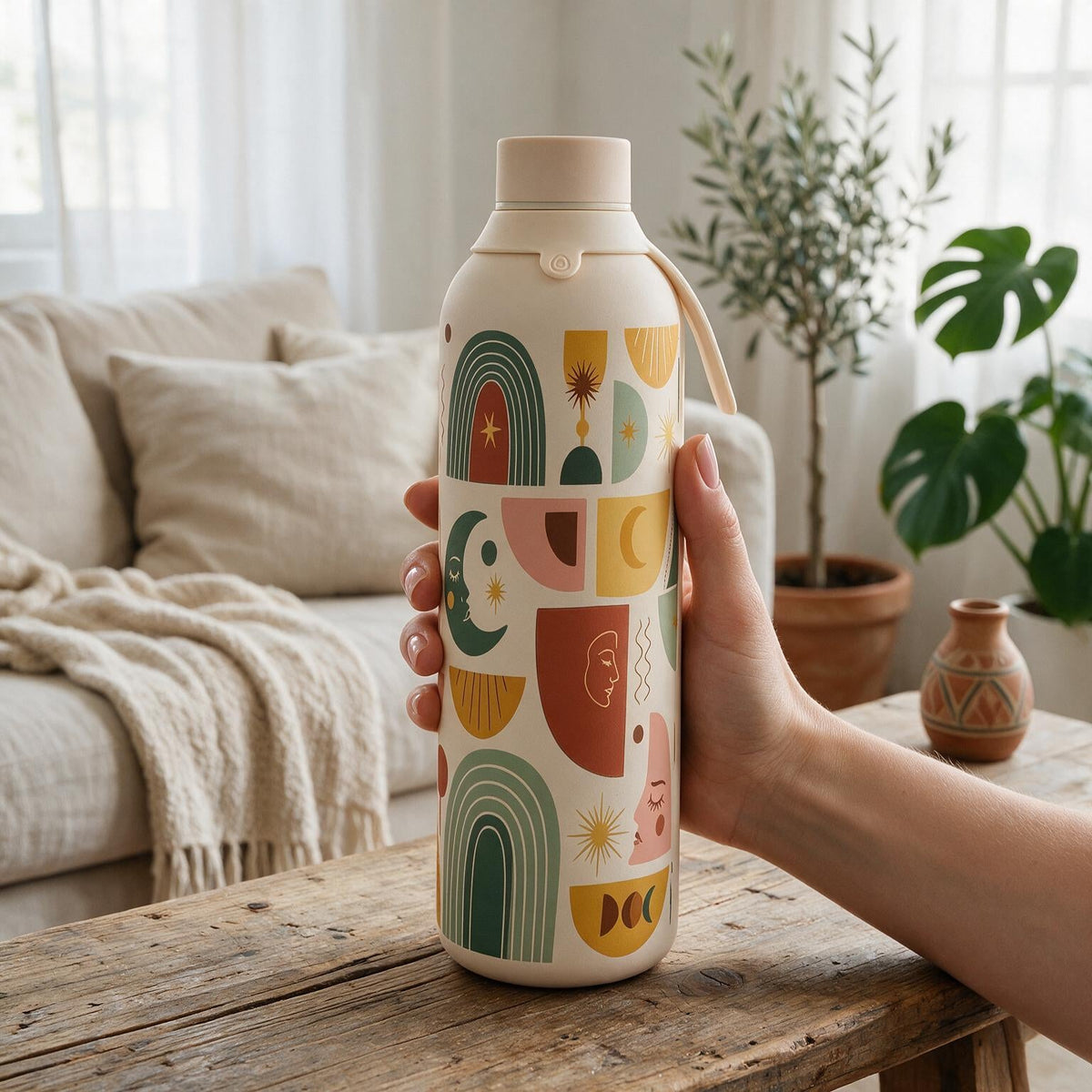 Garrafa térmica com interior cerâmico Áurea – Boho Soul – Areia – 750 ml