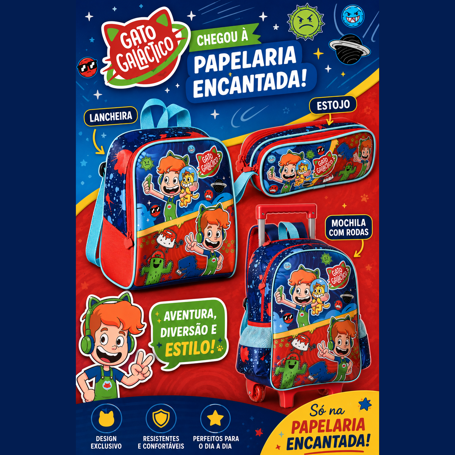 Conjunto Gato Galactico - Trolley+Lancheira+Estojo