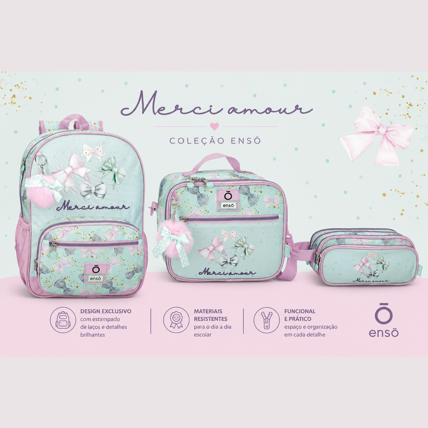 Conjunto Merci Amour Mochila+Lancheira+Estojo