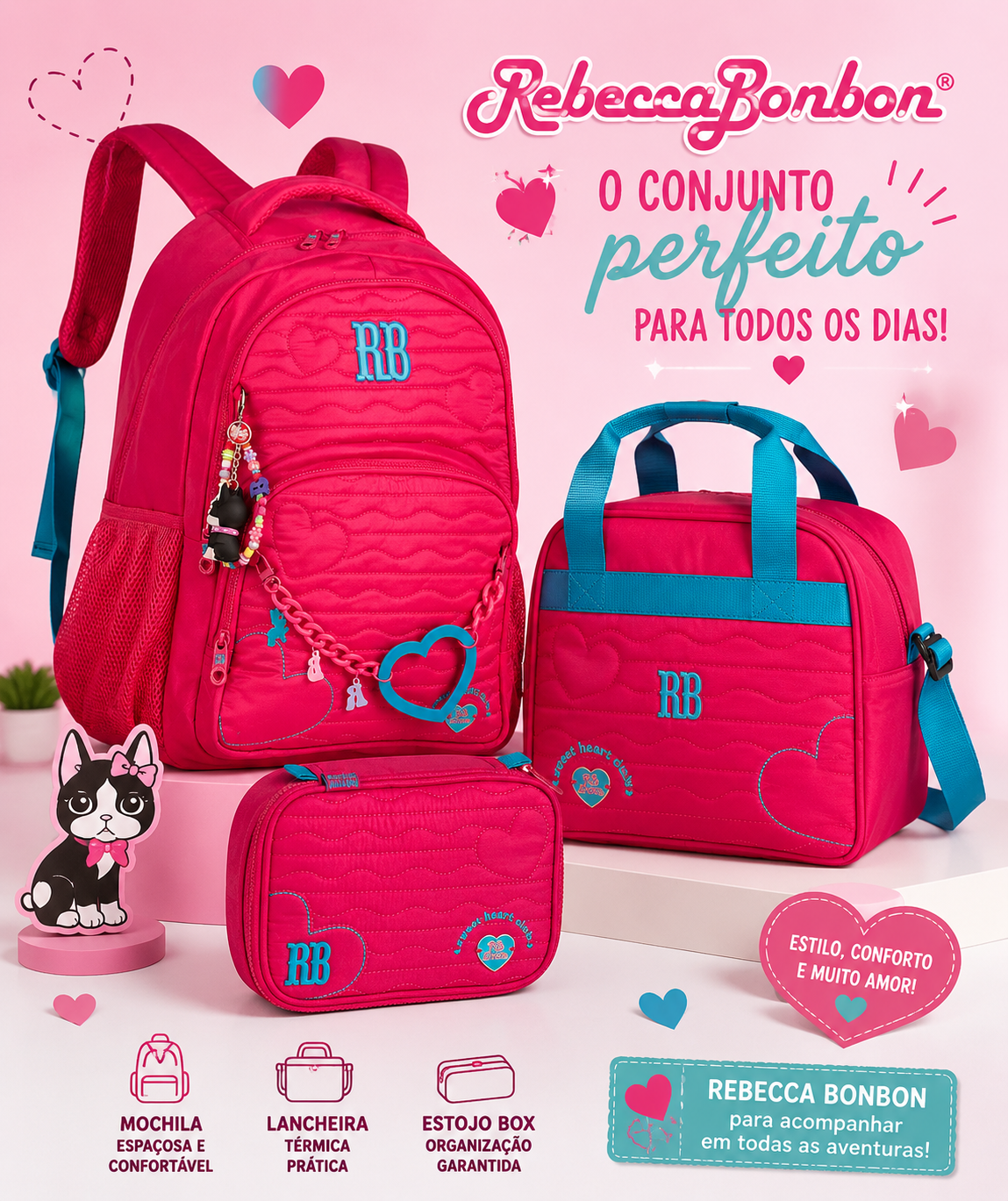 Conjunto Rebecca Bonbon Rosa - Mochila+Lancheira+Estojo