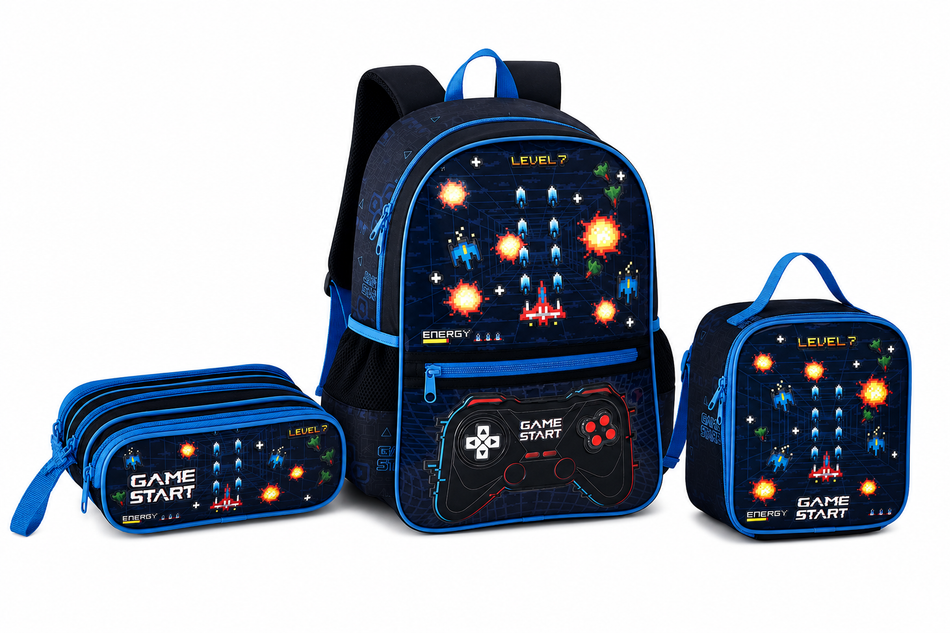 Conjunto Videogame Mochila+Lancheira+Estojo Triplo