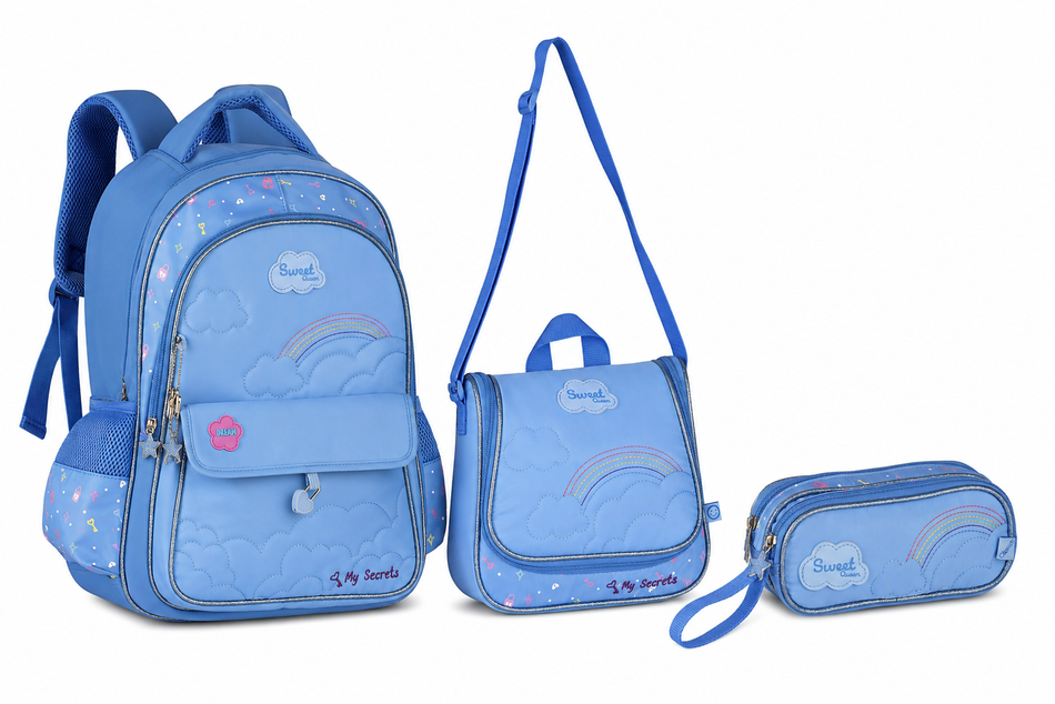 Conjunto Escolar Sweet Queen Azul Mochila+Lancheira+Estojo