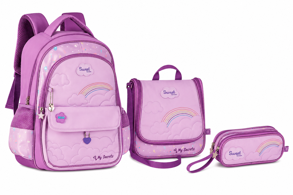 Conjunto Escolar Sweet Queen Roxo Mochila+Lancheira+Estojo