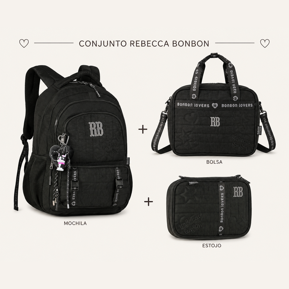Conjunto Rebecca Bonbon Preto Mochila+Estojo+Lancheira
