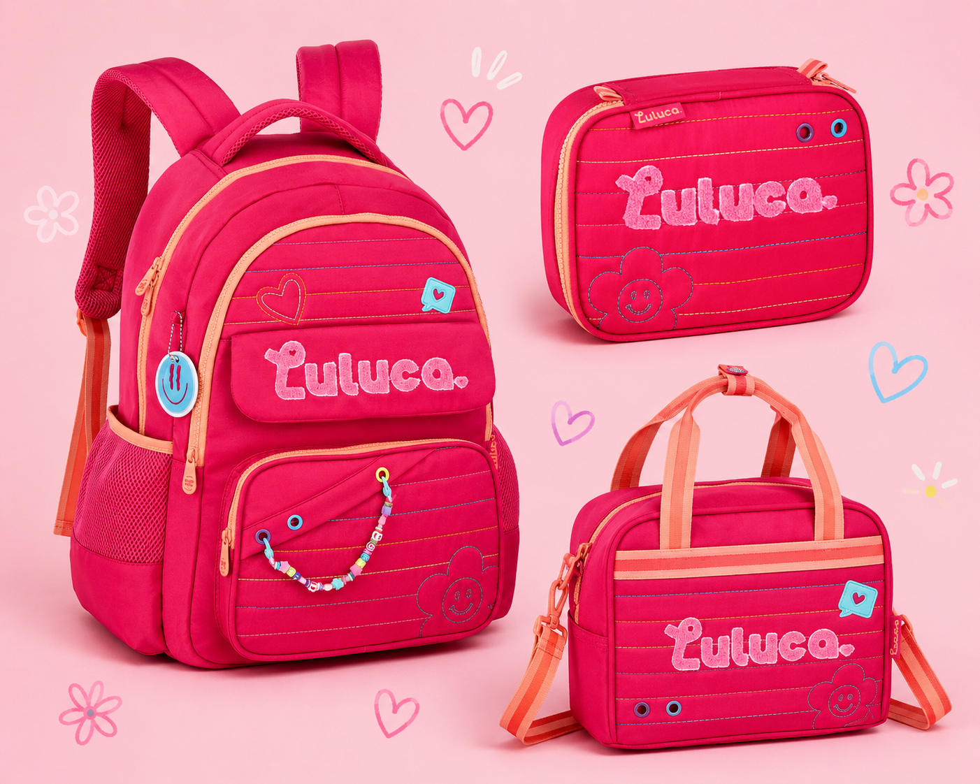 Conjunto Luluca Rosa - Mochila+Lancheira+Estojo