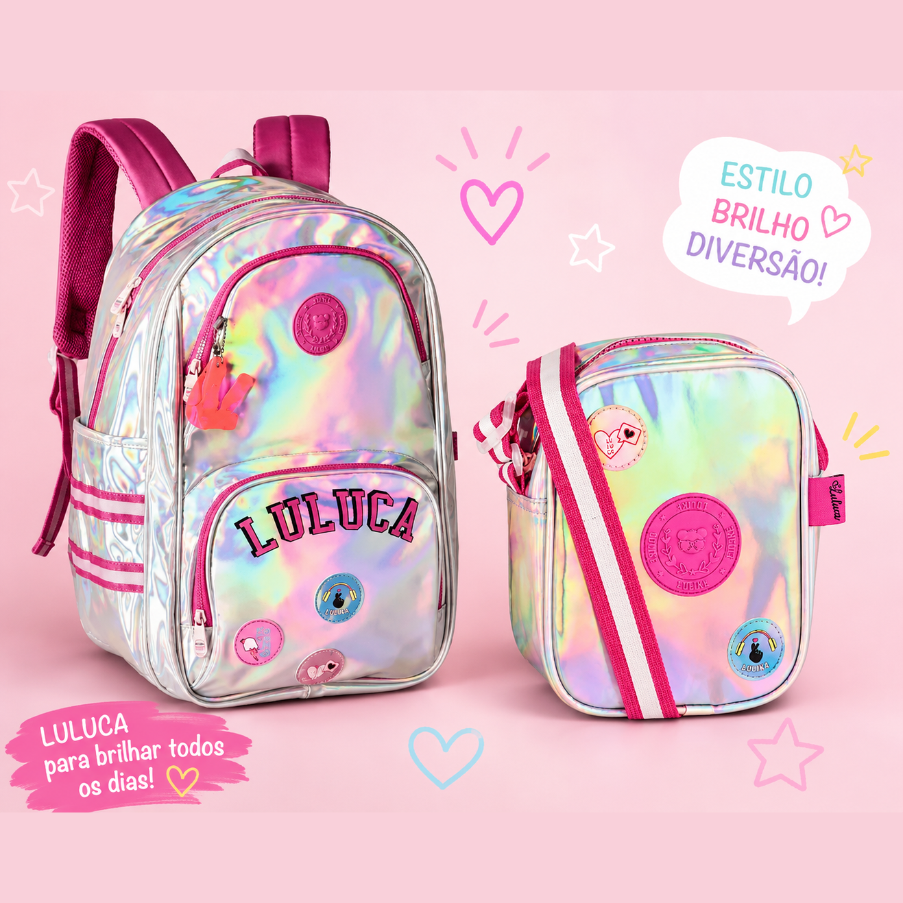 Conjunto Luluca Holográfica - Mochila+Bolsa Ombro
