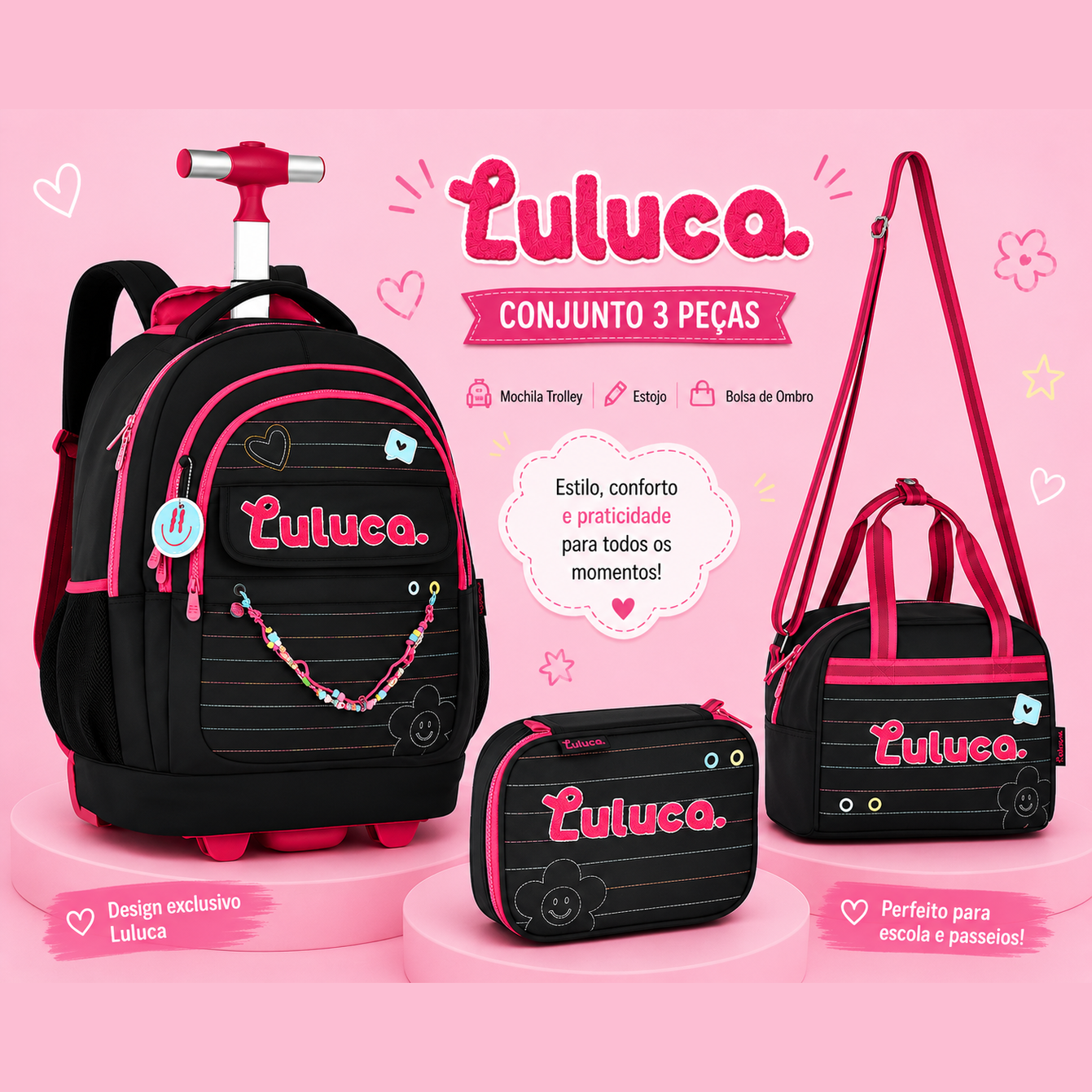 Conjunto Luluca Preto - Trolley+Lancheira+Estojo