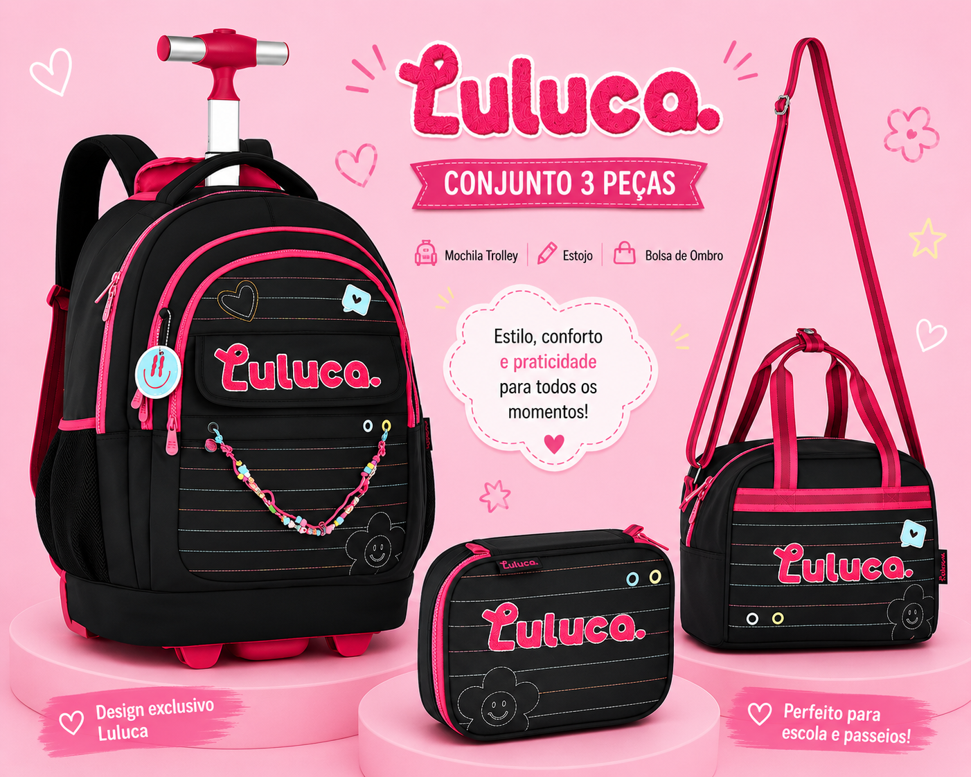 Conjunto Luluca Preto - Trolley+Lancheira+Estojo