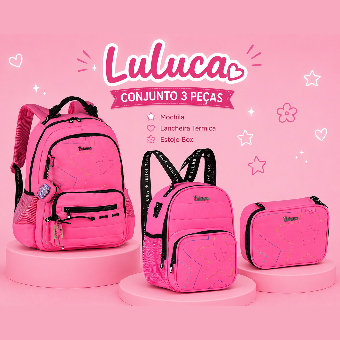 Conjunto Luluca Rosa 2026 - Mochila+Lancheira+Estojo