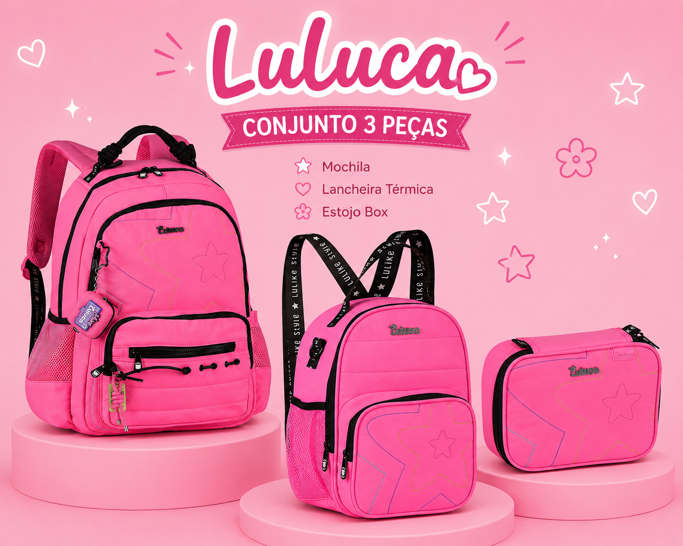 Conjunto Luluca Rosa 2026 - Mochila+Lancheira+Estojo