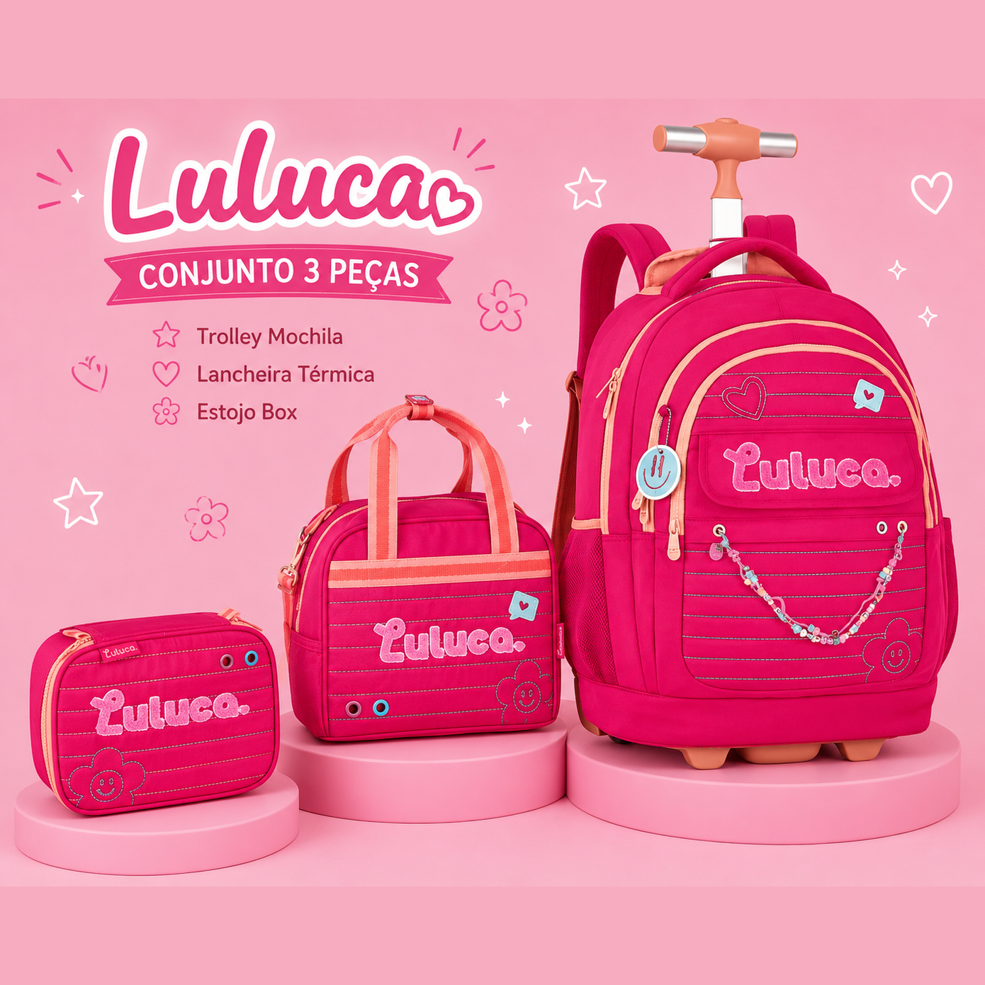 Conjunto Luluca Rosa - Trolley+Lancheira+Estojo
