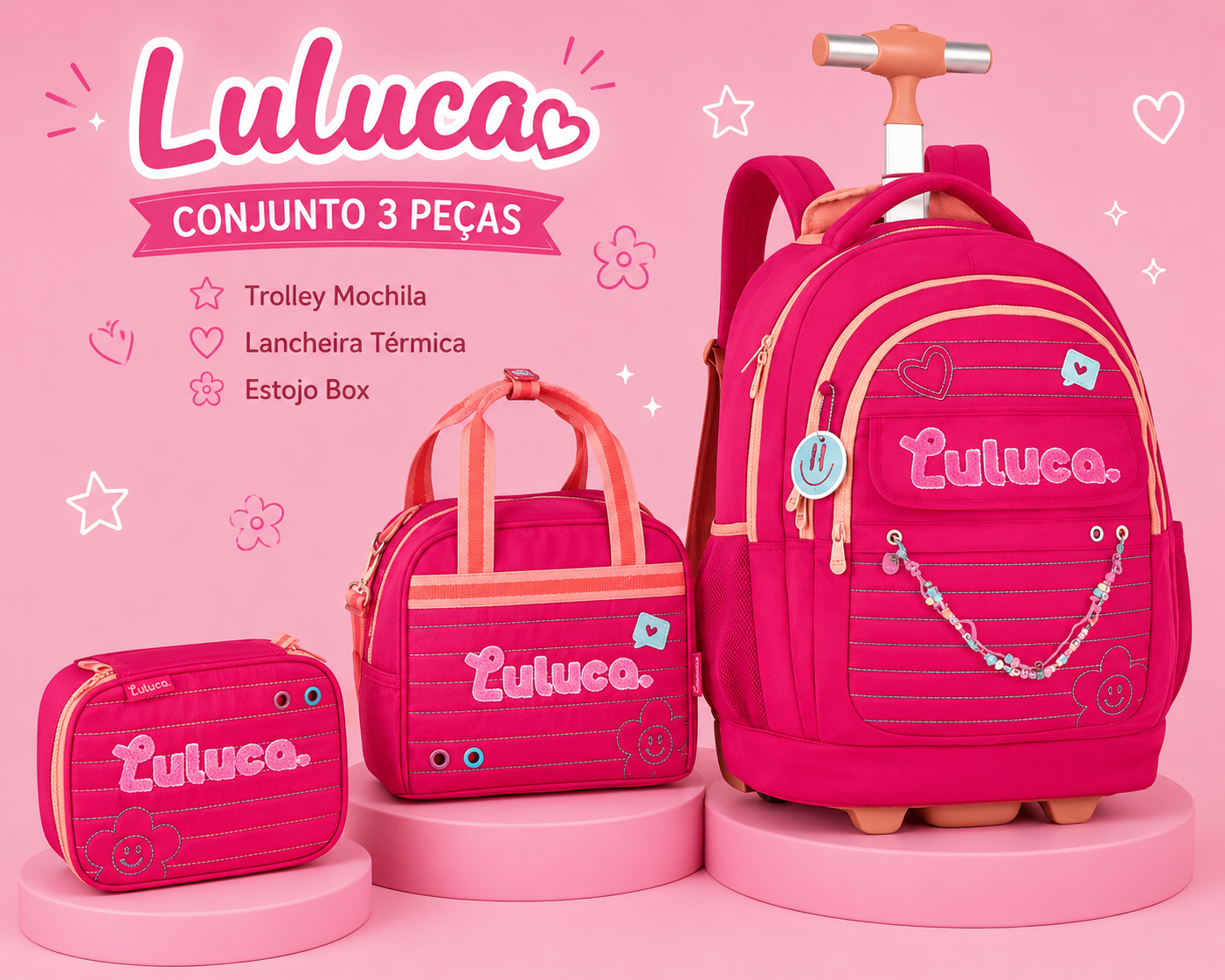 Conjunto Luluca Rosa - Trolley+Lancheira+Estojo