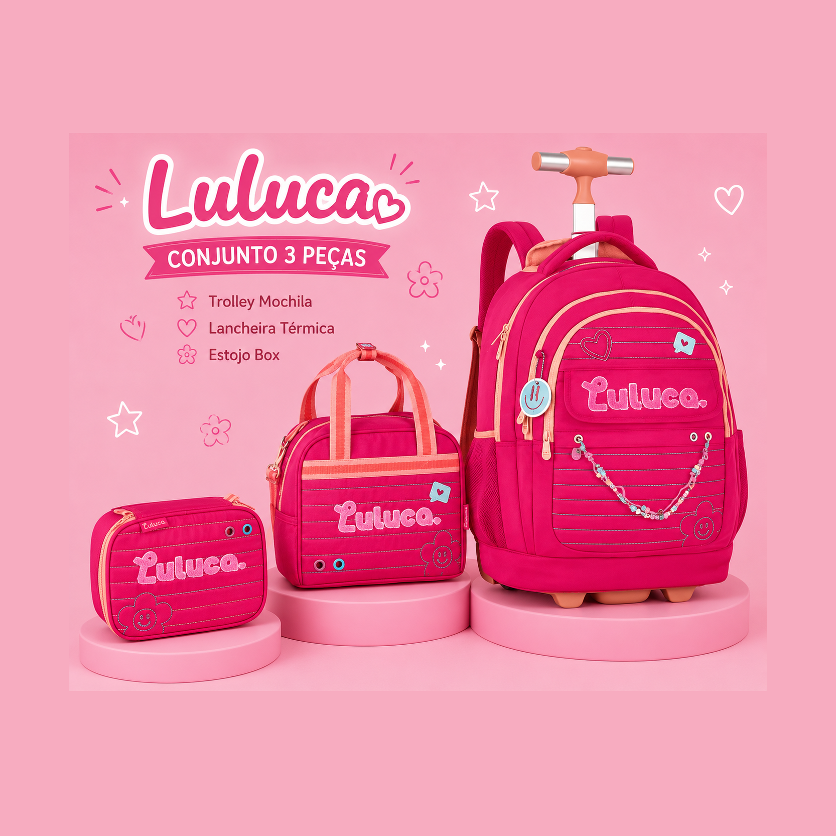 Conjunto Luluca Rosa - Trolley+Lancheira+Estojo