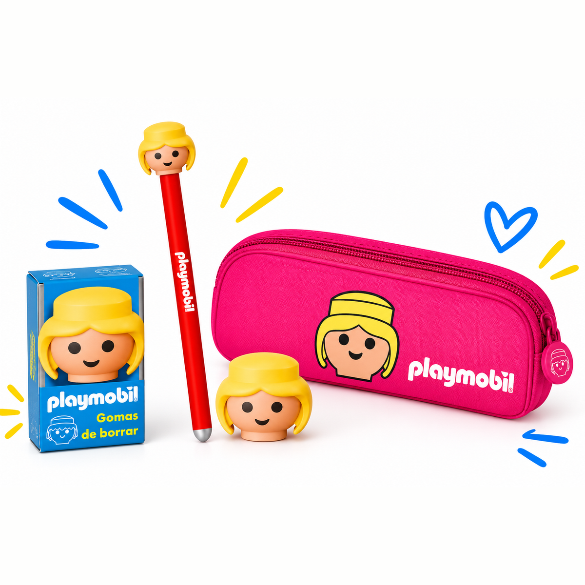 Conjunto Playmobil Menina - Estojo+caneta apagável+Borracha