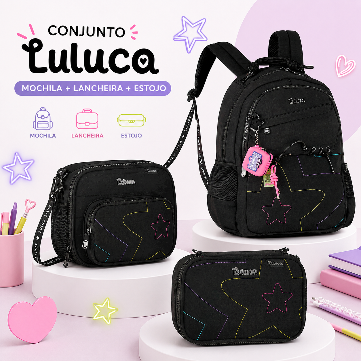 Conjunto Luluca 2026 Preto - Mochila+Lancheira+Estojo