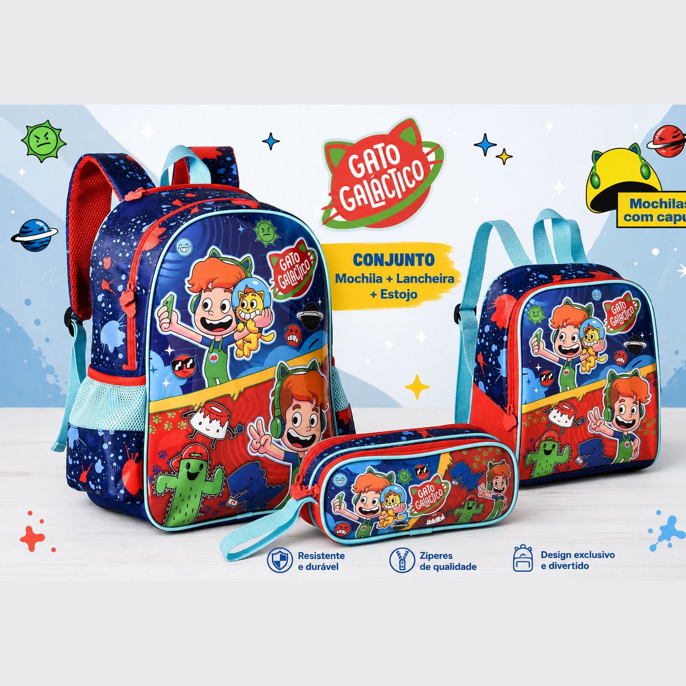 Conjunto Gato Galáctico - Mochila+Lancheira+Estojo duplo
