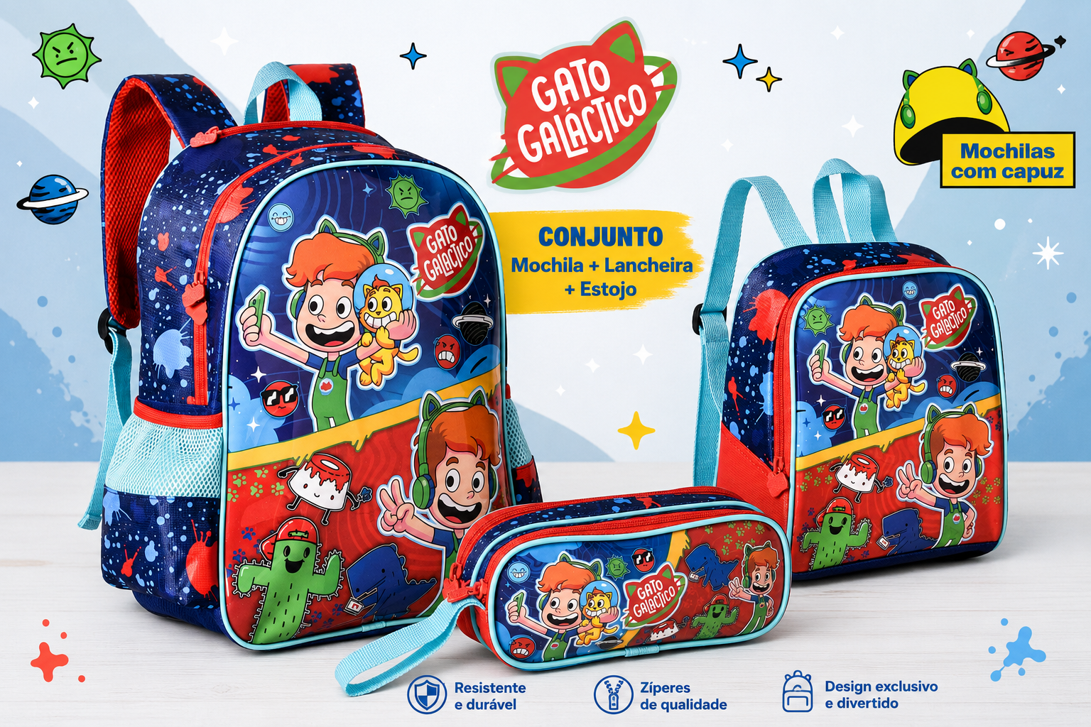 Conjunto Gato Galáctico - Mochila+Lancheira+Estojo duplo
