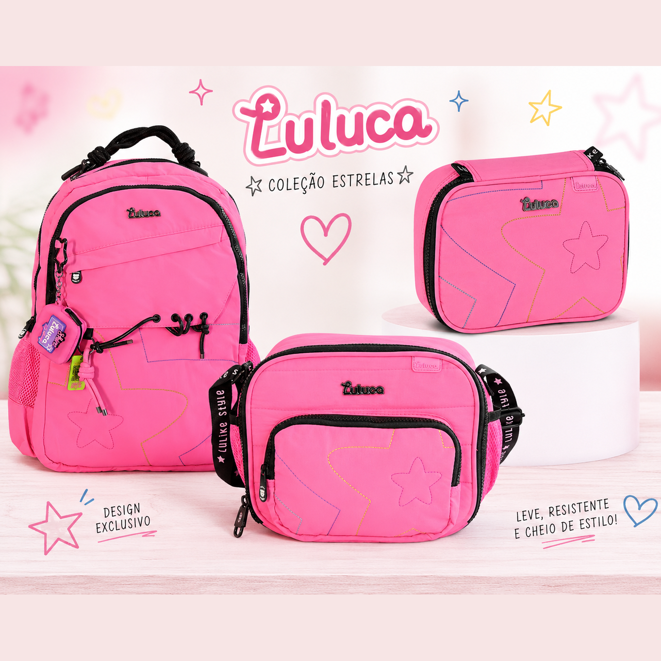 Conjunto Luluca Rosa 2026 - Mochila+Lancheira+ Estojo