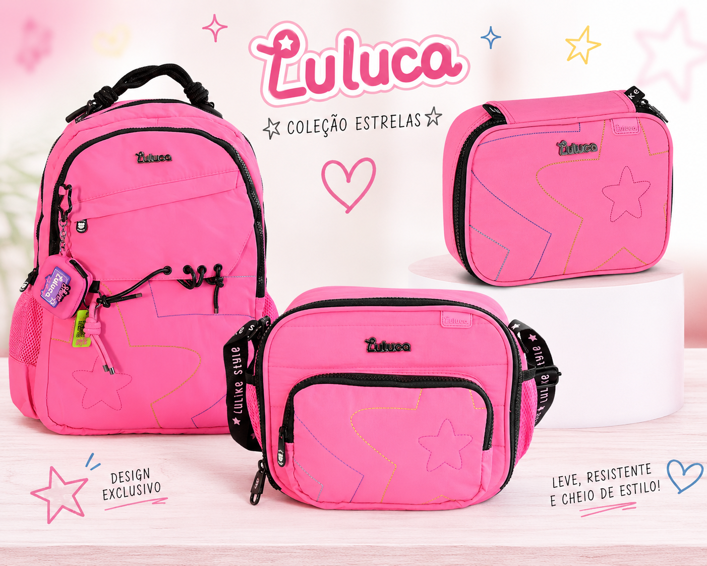 Conjunto Luluca Rosa 2026 - Mochila+Lancheira+ Estojo