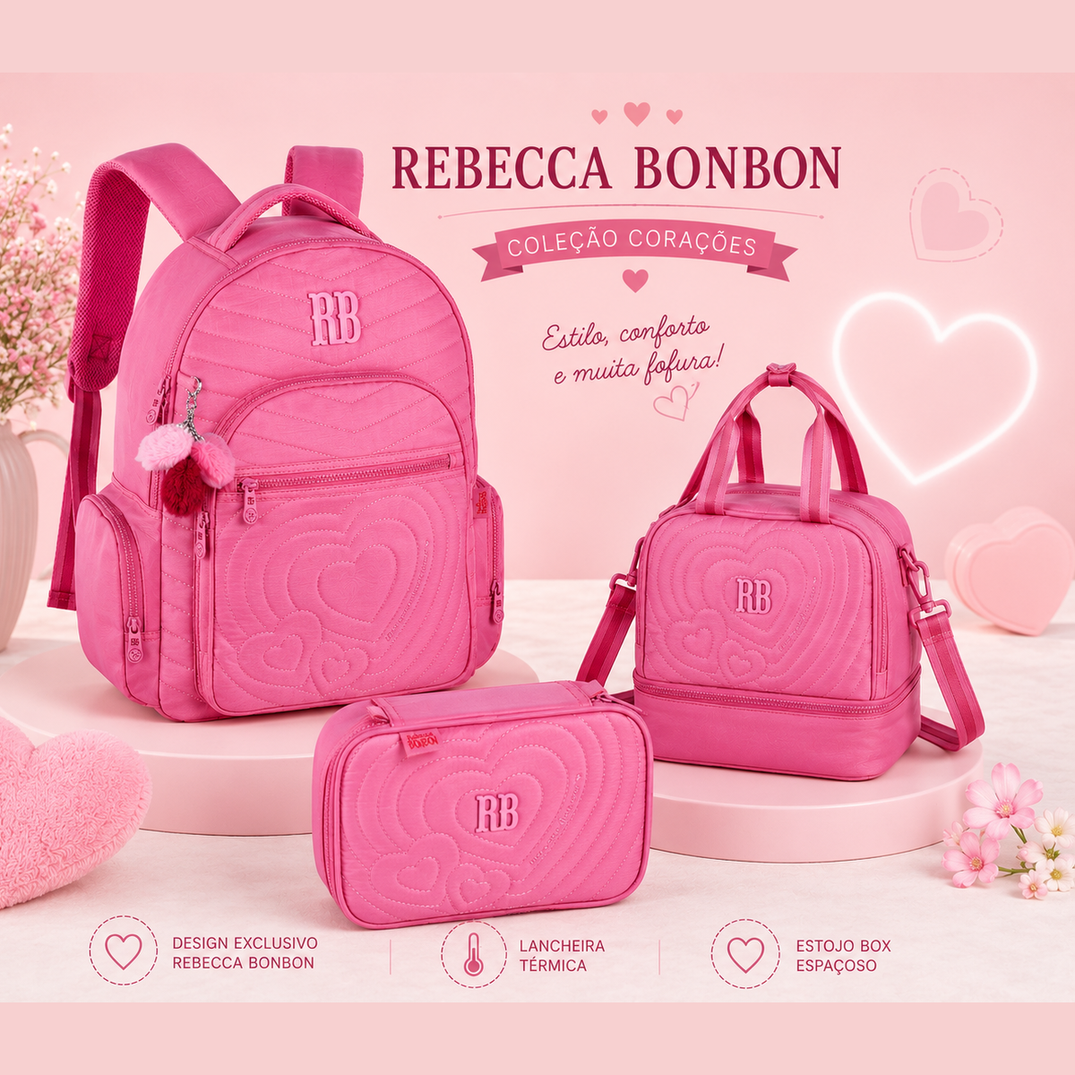 Conjunto Rebecca Bonbon Rosa - Mochila+Lancheira+Estojo