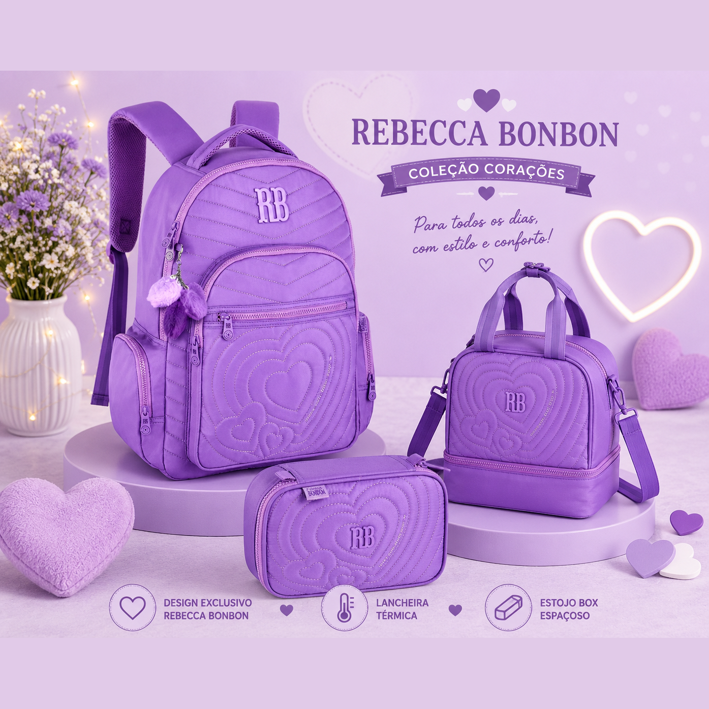 Conjunto Rebecca Bonbon Lilás - Mochila+Lancheira+Estojo