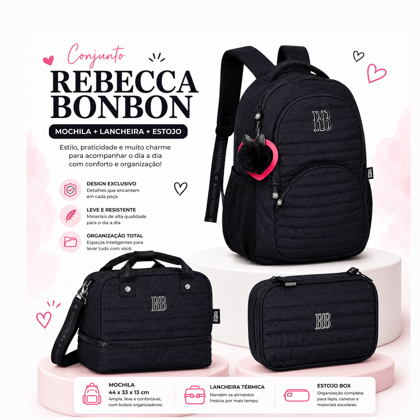 Conjunto Rebecca Bonbon Preto - Mochila+Lancheira+Estojo