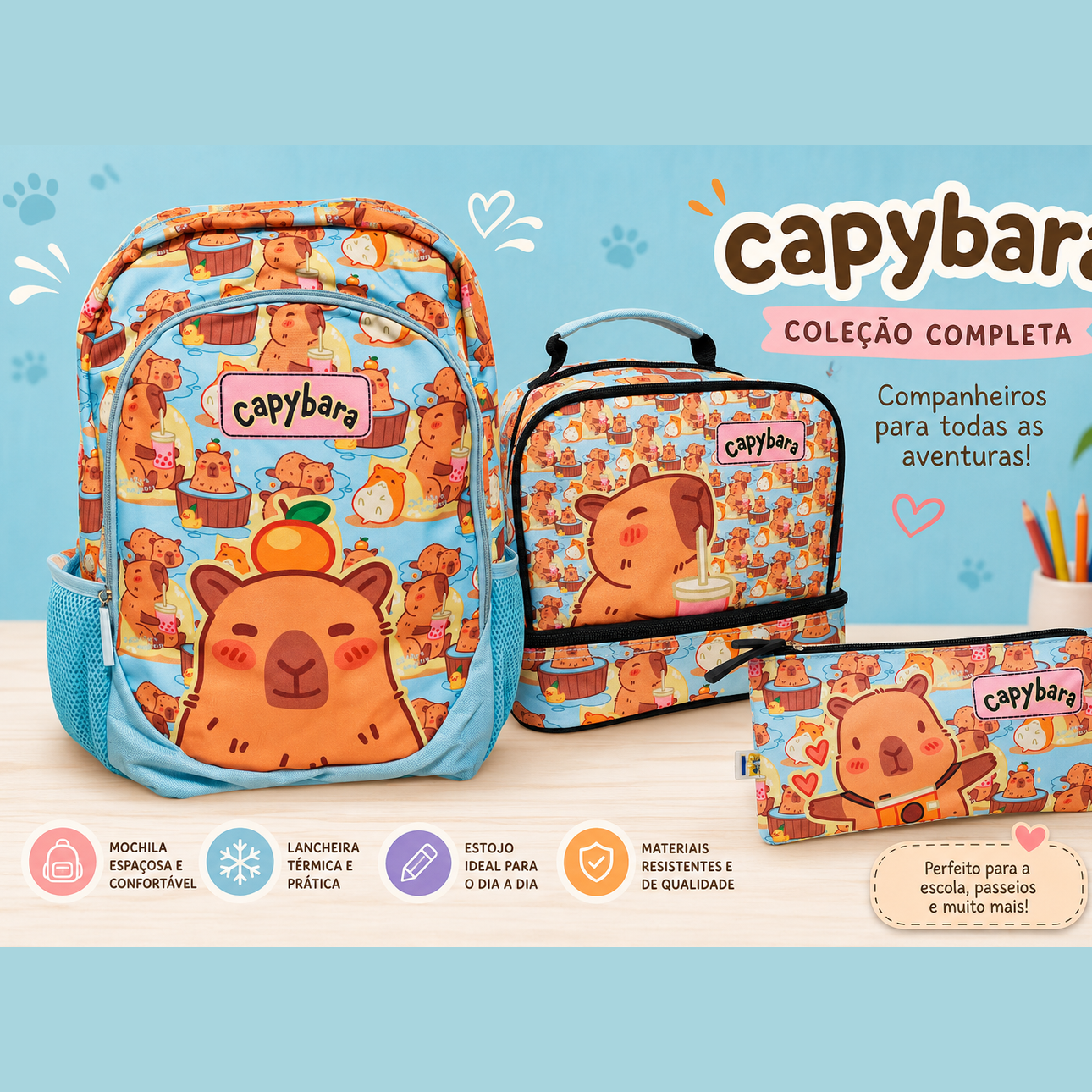 Conjunto Capivara - Mochila+Lancheira+Estojo