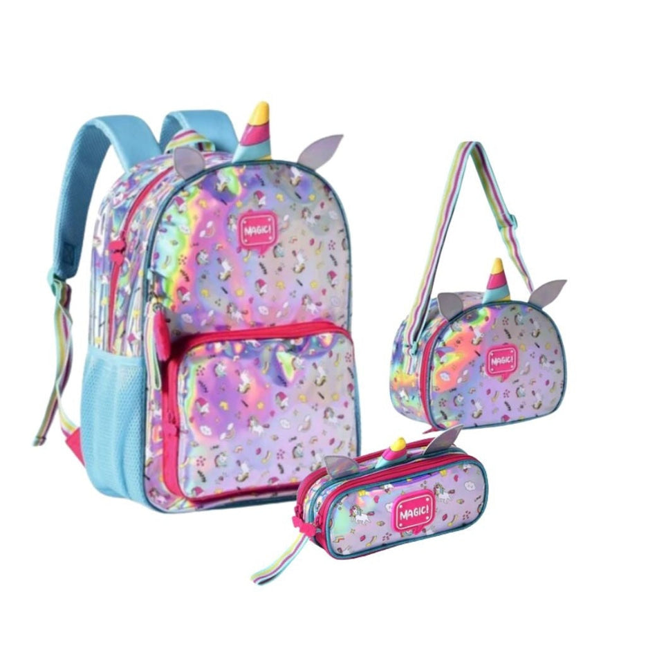 Kit Mochila + Lancheira + Estojo Holográfico Unicórnio