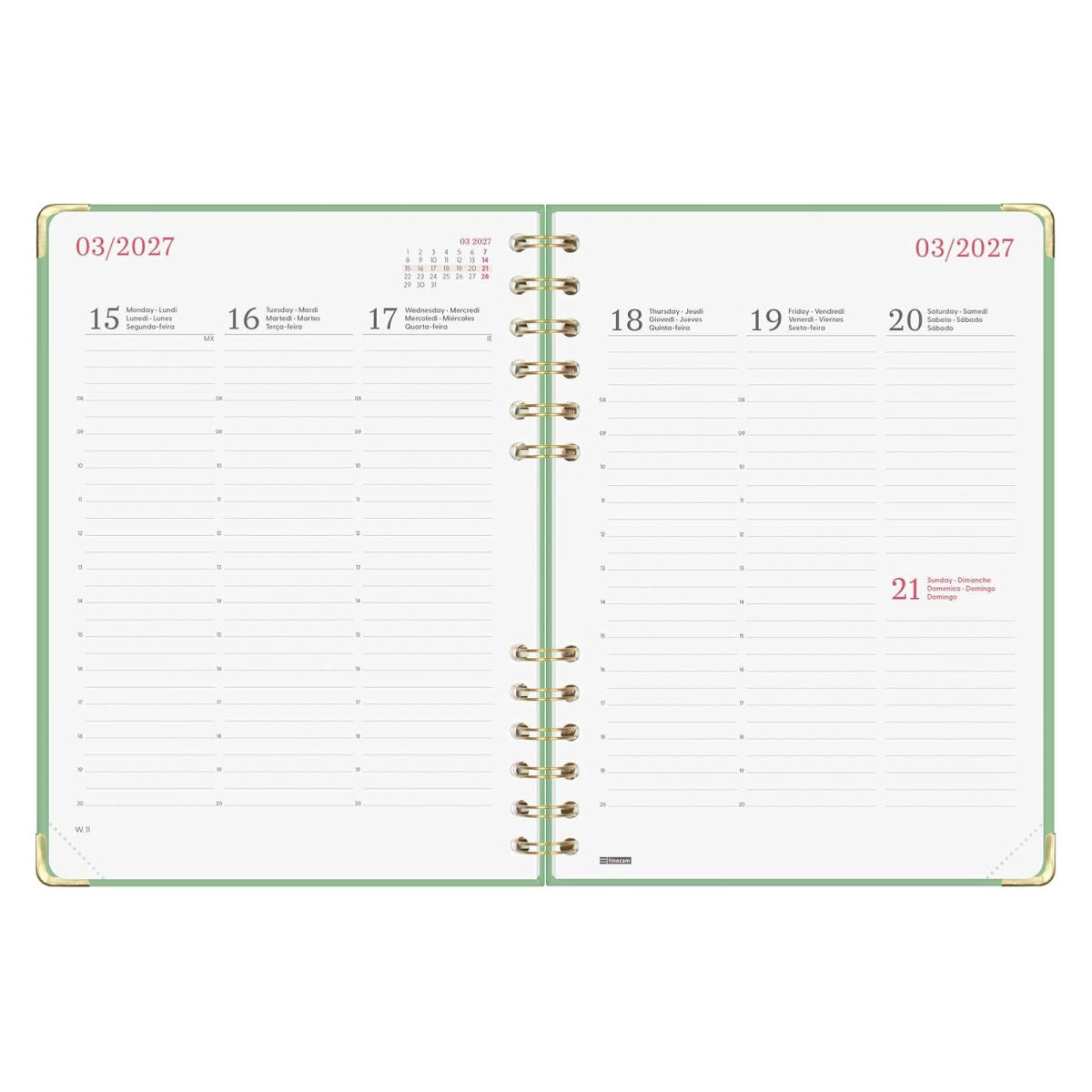 Agenda semanal A5 2027 espiral finocam Alma verde