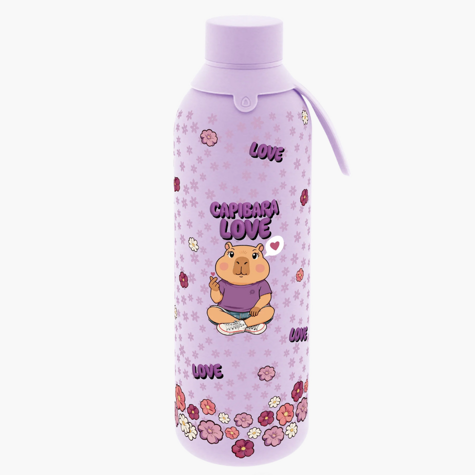 Garrafa térmica interior cerâmica 750ML com 2 tampas Capivara Love Lilac