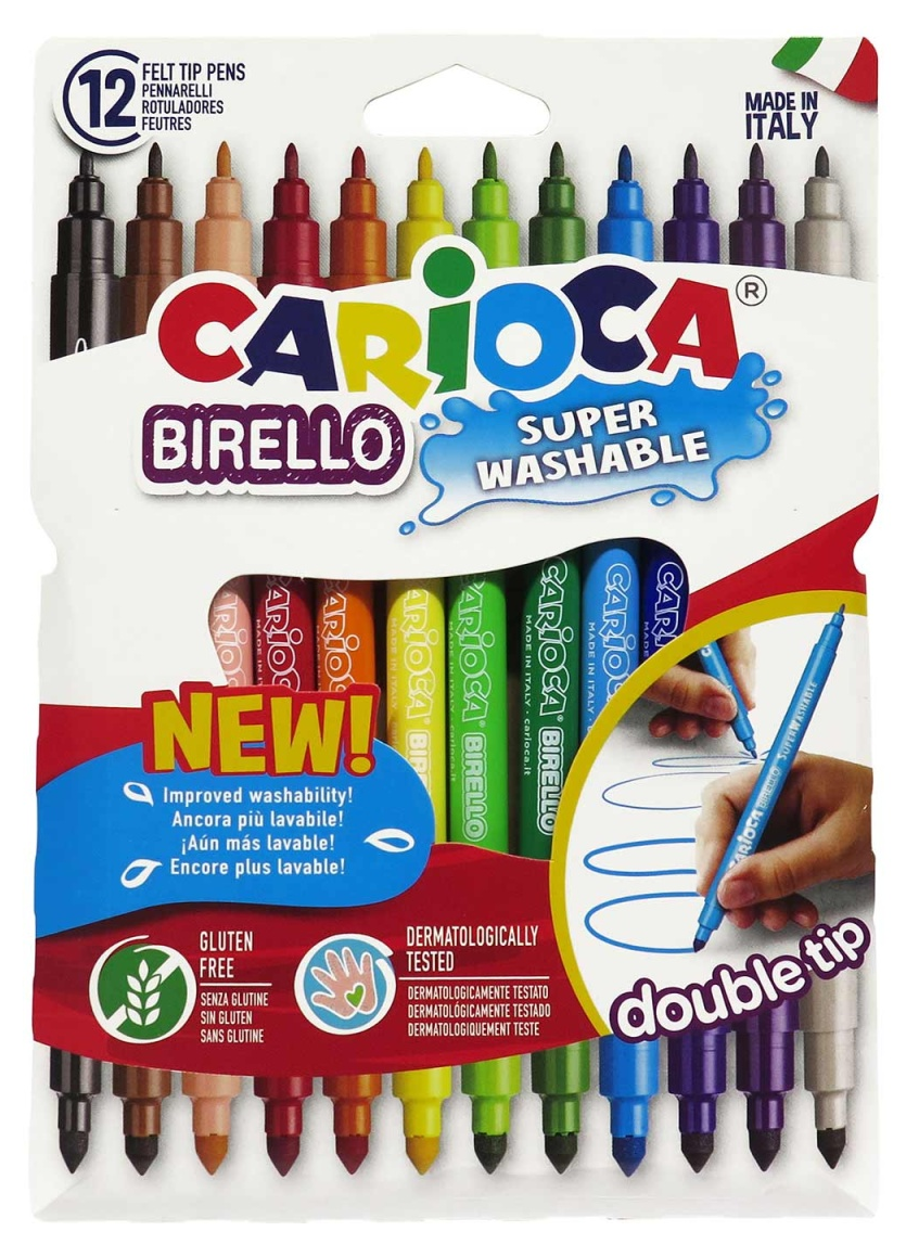 Canetas de feltro laváveis carioca birello 2 pontas blister c/12