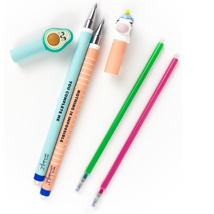 Conjunto 2 canetas apagáveis Abacate e Unicórnio + 2 recargas Mr.wonderful