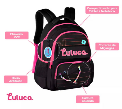 Mochila escolar Luluca Preto 44cm