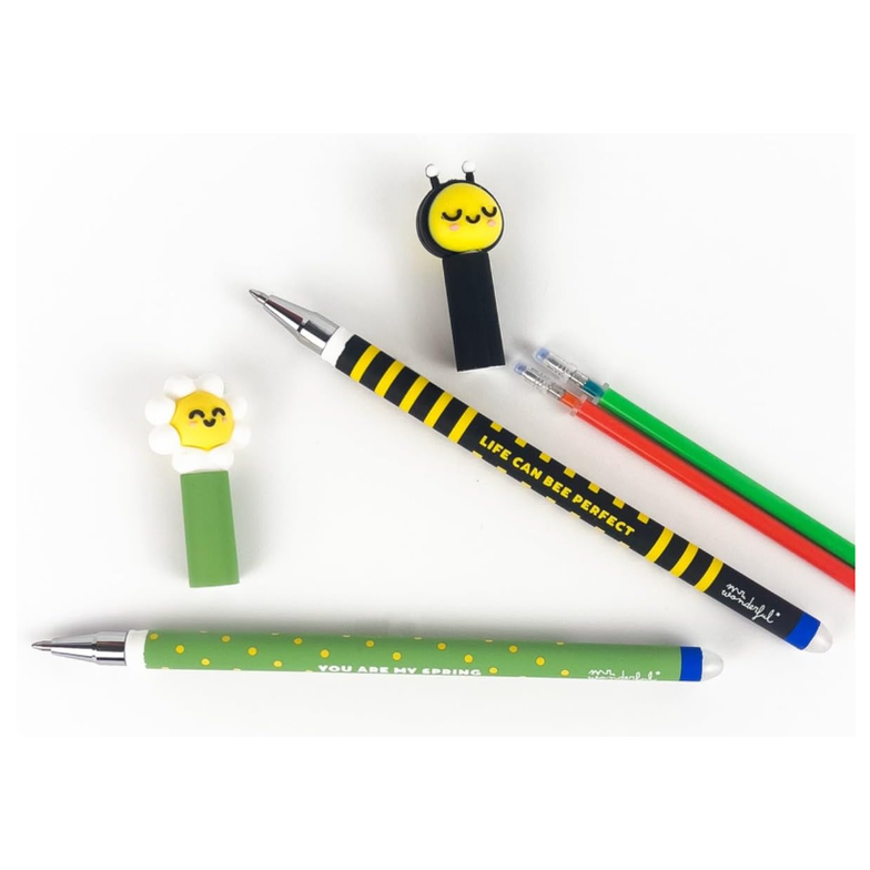 Conjunto 2 canetas apagaveis Mr. Wonderfull Abelha e Margarida com 2 recargas