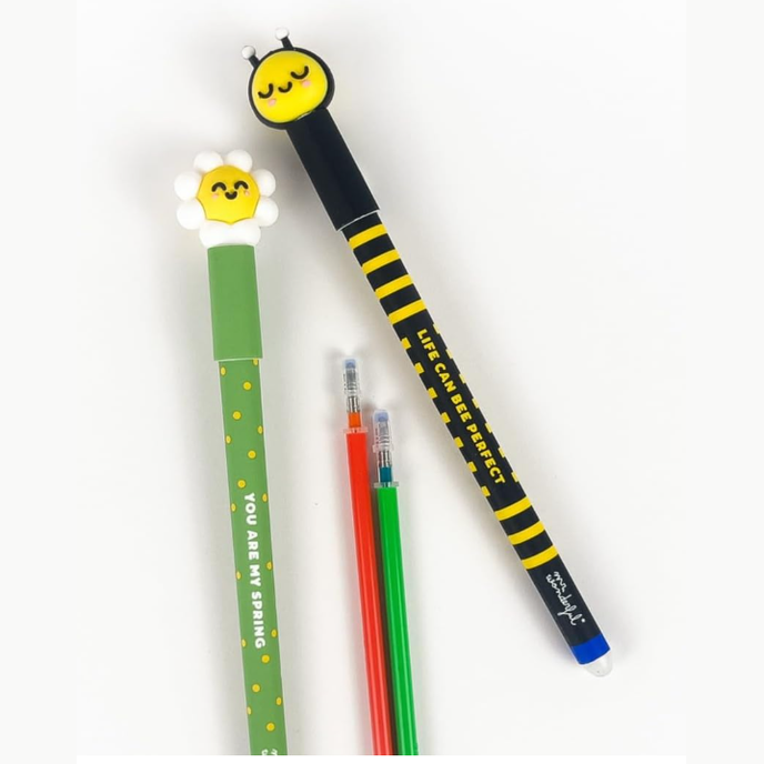 Conjunto 2 canetas apagáveis Abelha e Margarida + 2 recargas Mr.wonderful