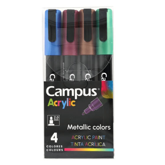 Marcadores Acrílicos Campus Ponta Cônica 2 mm Caixa com 4 Cores Metálicas