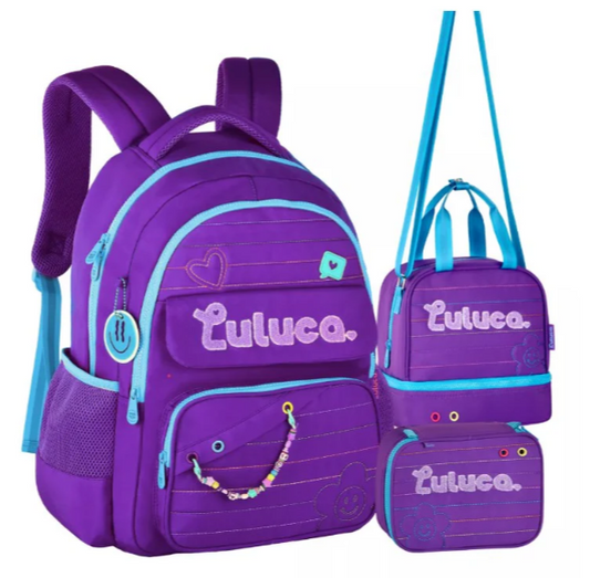Kit Mochila + Estojo + Lancheira Luluca Roxo