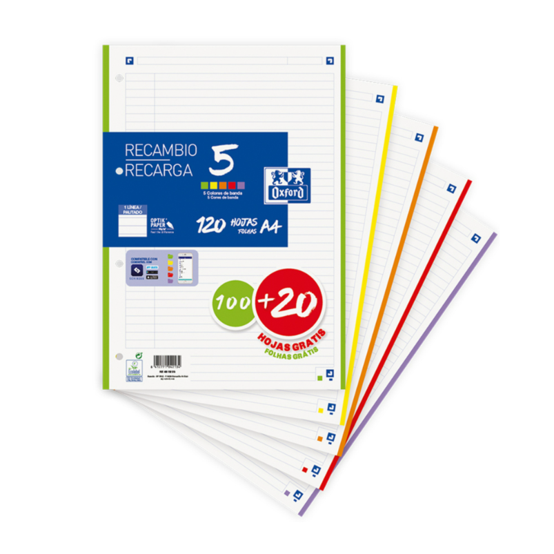 Recarga A4 pautada 90G Oxford 5 Cores