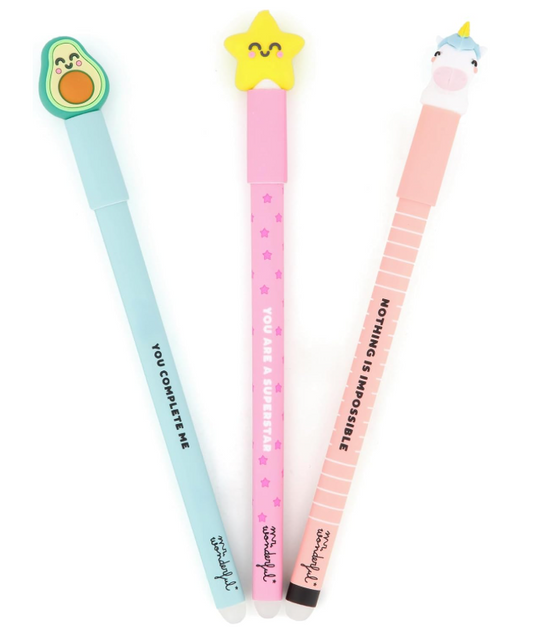 Conjunto 3 canetas apagáveis Mr. Wonderful Unicornio, Abacate, Estrela